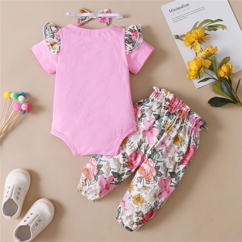 baby girl wholesale clothing Baby Girl Ruffle Sleeve Bodysuit & Floral Pants & Headband Wholesale Children's Clothing