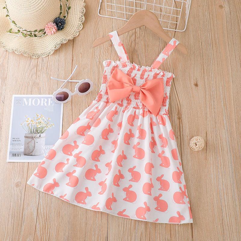 9months-4years Baby Girl Summer Dress Cute Rabbit Bow Stitching Suspender Wholesale Baby Clothing