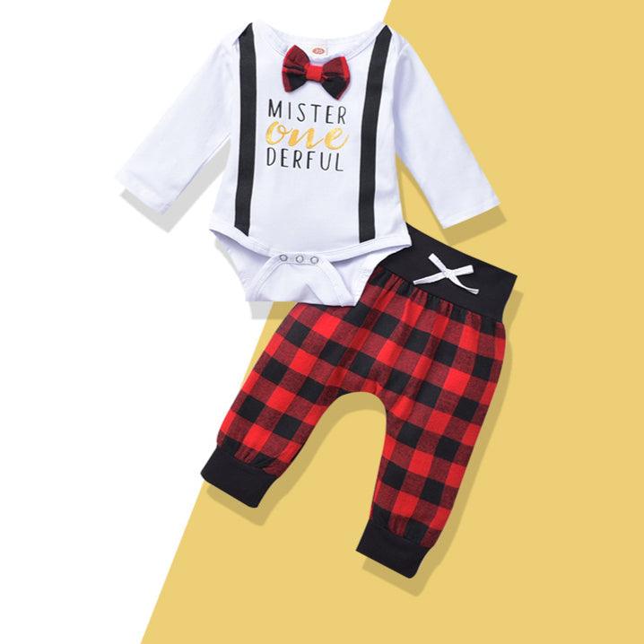 Baby Boy Alphabet One-Piece With Bow Tie And Plaid Pants Two Piece Baby Sets