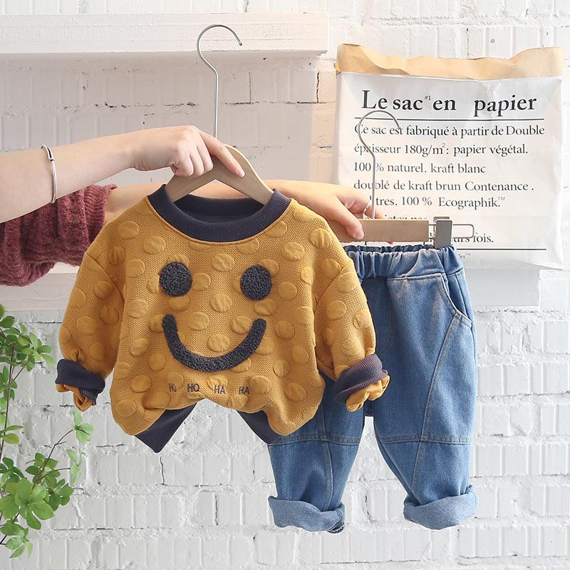 Baby Boy Smile Pattern Sweatshirt And Jeans Baby Outfit Sets