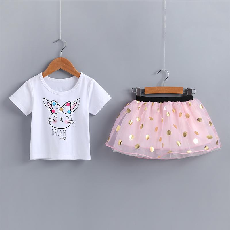 Baby Girls Cat Cartoon Print Top & Polka Dot Mesh Skirt