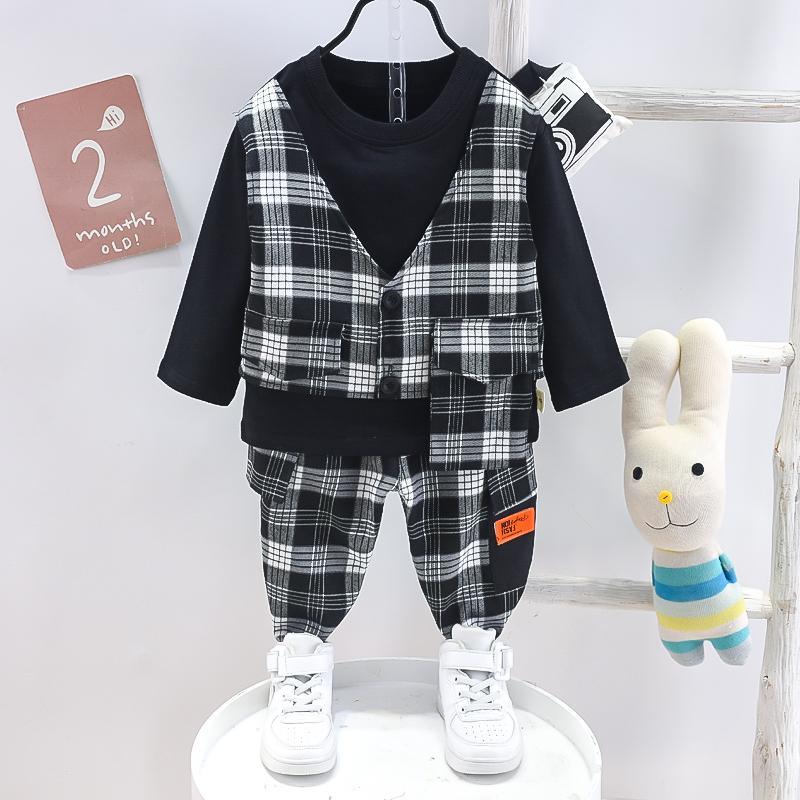 baby girl dresses wholesale Toddler Boy Solid Color T-shirt & Plaid Vest & Pants