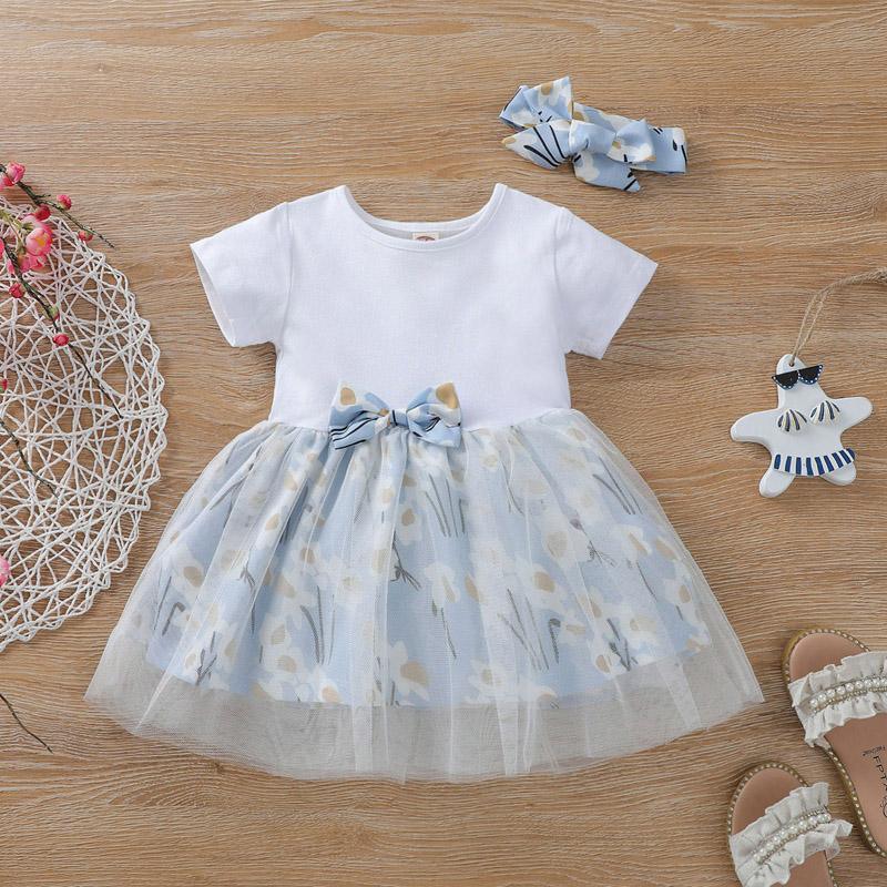 Baby Girl Bow Decor Tulle Hem Floral Dress & Headband