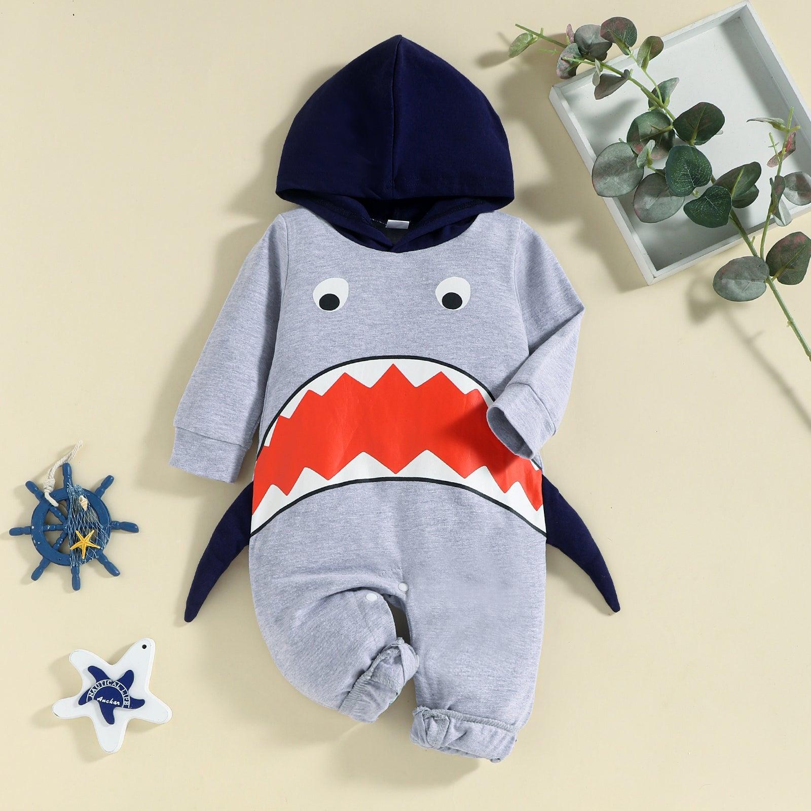 Baby Boys Hooded Shark Long Sleeve Jumpsuit