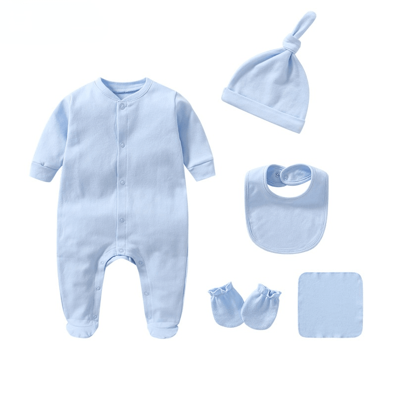 Baby Boys Girls Solid Color Long-sleeved Cotton Jumpsuit Hat Bib Gloves Square Scarf Five Piece Set