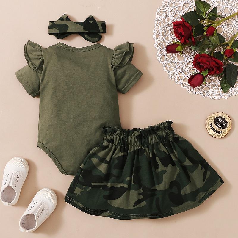 Baby Girl Ruffle Romper & Camouflage Print Skirt & Bowknot Headband