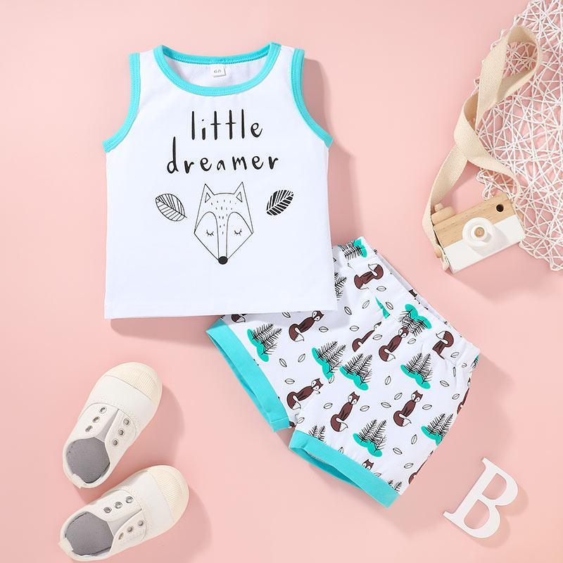 Baby Boy Cartoon Fox Pattern Letter Print Vest & Shorts