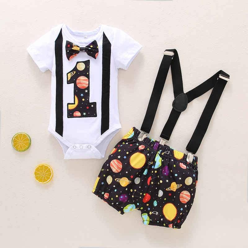 Baby Boy Bow Tie Decor Number Pattern Bodysuit & Galaxy Print Overalls