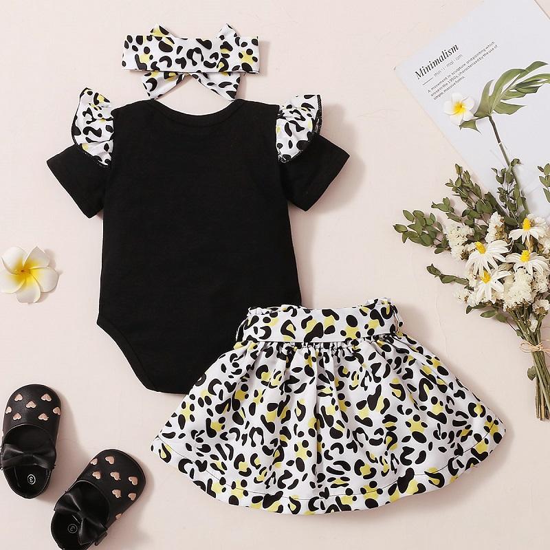 Baby Girl Ruffle Romper & Leopard Print Skirt & Bowknot Headband