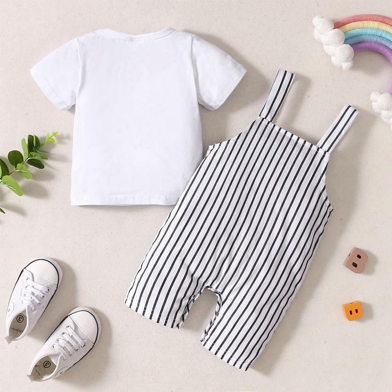 Baby Boy Bow Tie Decor T-shirt & Cartoon Cat Pattern Striped Overalls