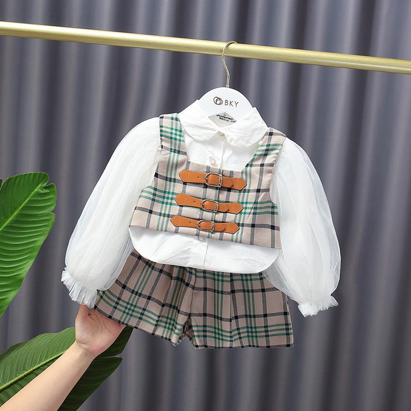 9months-6years Toddler Girl Sets Mesh Sleeve Shirt & Plaid Vest & Shorts Three-Piece Set Children's Trendy Suit Wholesale