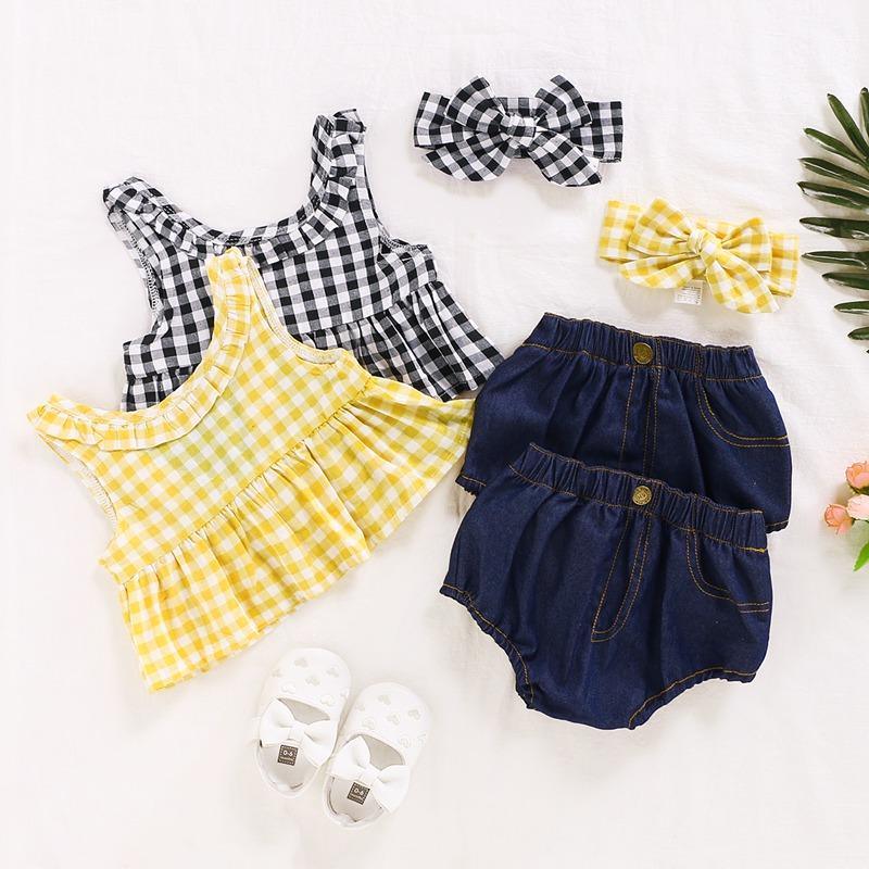 3-piece Plaid Tops & Short & Headband for Baby Girl Children's Clothing