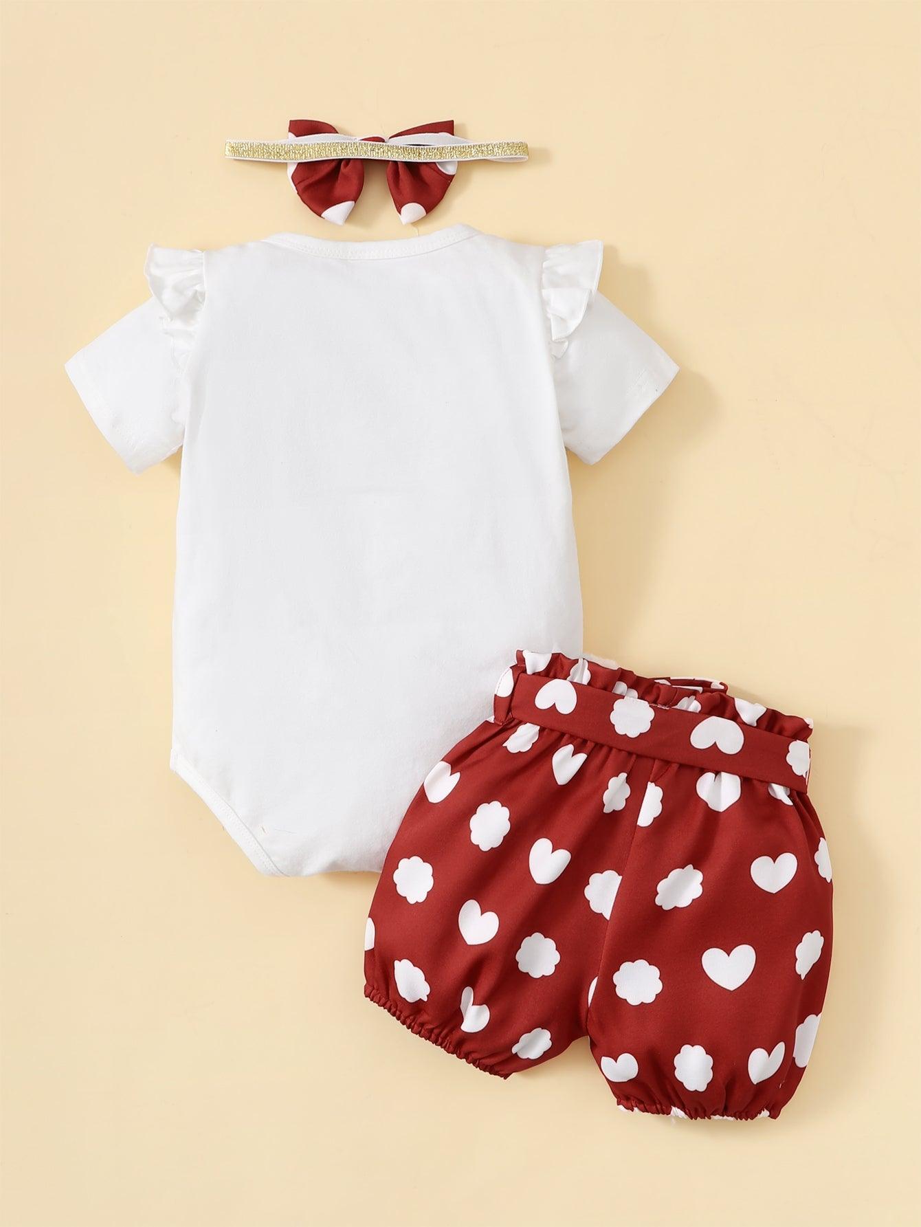 Baby Girl Letter & Heart Bodysuit And Shorts With Headband Baby Outfit Sets