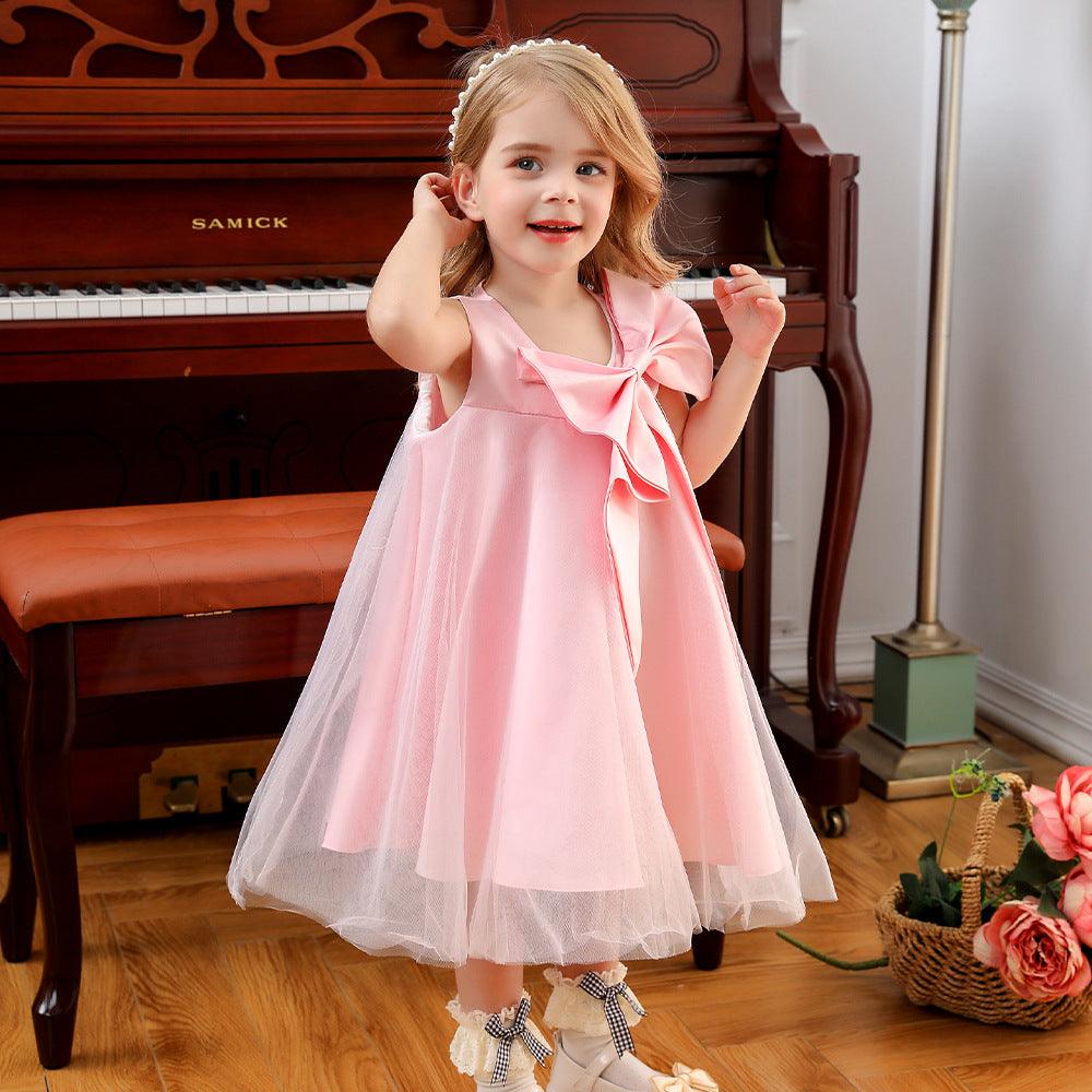 9M-5Y Toddler Girls Formal Dresses Large Bow Solid Color Sleeveless Mesh Wholesale Toddler Clothing