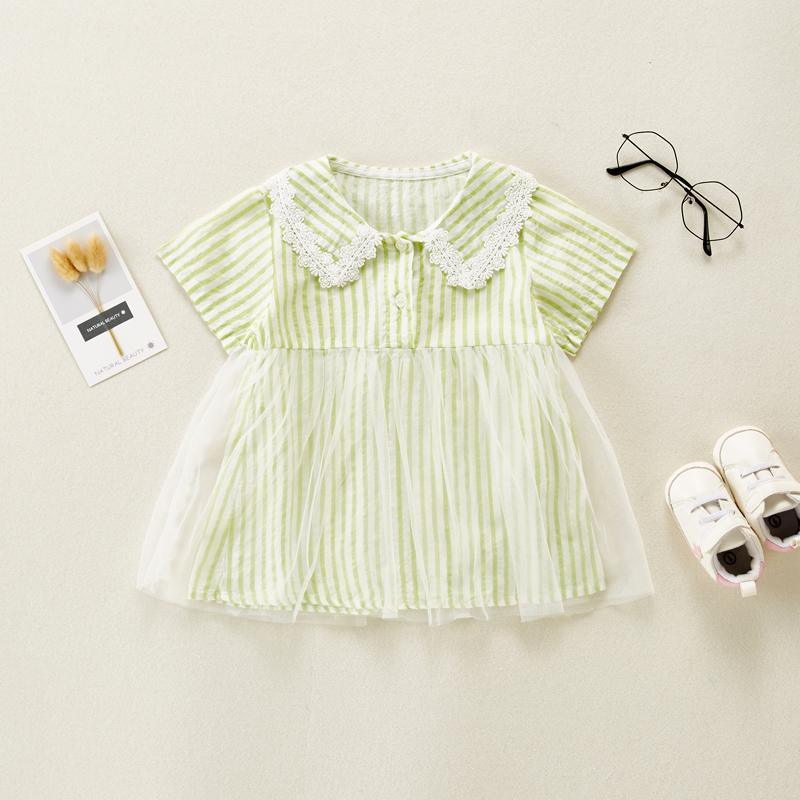 Baby Girl Color Stripes Lace Collar Mesh Hem Dress