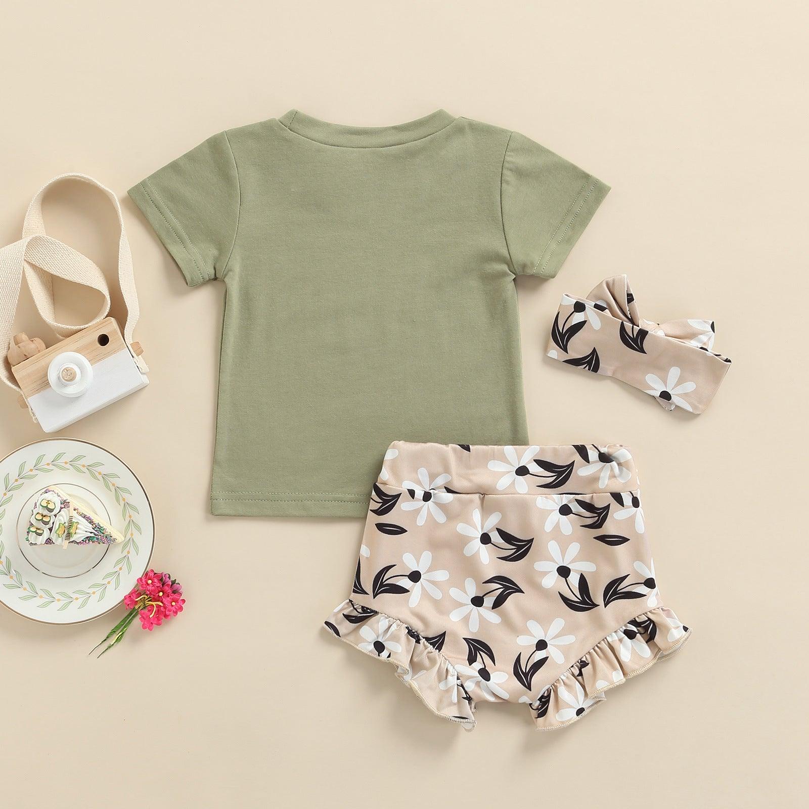 Baby Girl Letter Print T-Shirt And Floral Briefs With Headband Baby Outfit Sets