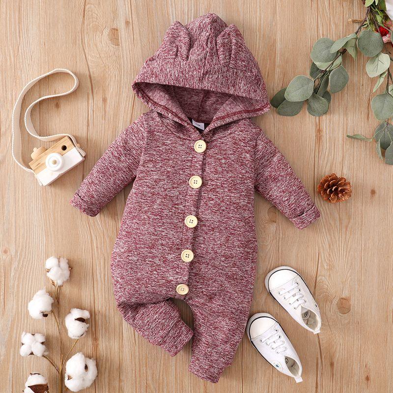 Baby Girl Casual Solid Rabbit-ear Long Sleeve Hooded Jumpsuit