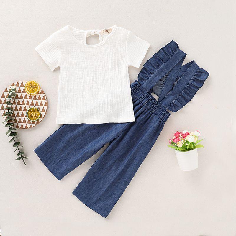 2-piece Solid T-shirt & Ruffle Denim Dungarees for Toddler Girl Wholesale children's clothing