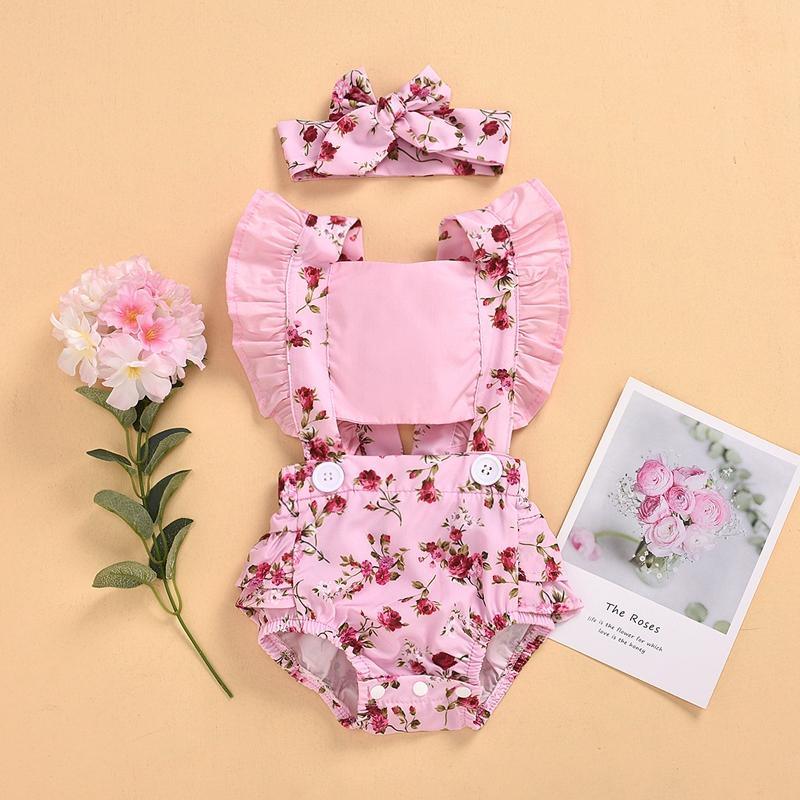 2-piece Ruffle Floral Printed Bodysuit & Headwear for Baby Girl Wholesale children's clothing