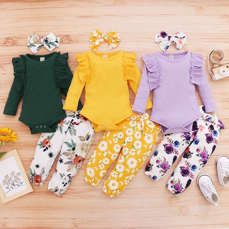 3pcs Leaf Sleeve Bodysuit and Pants Set