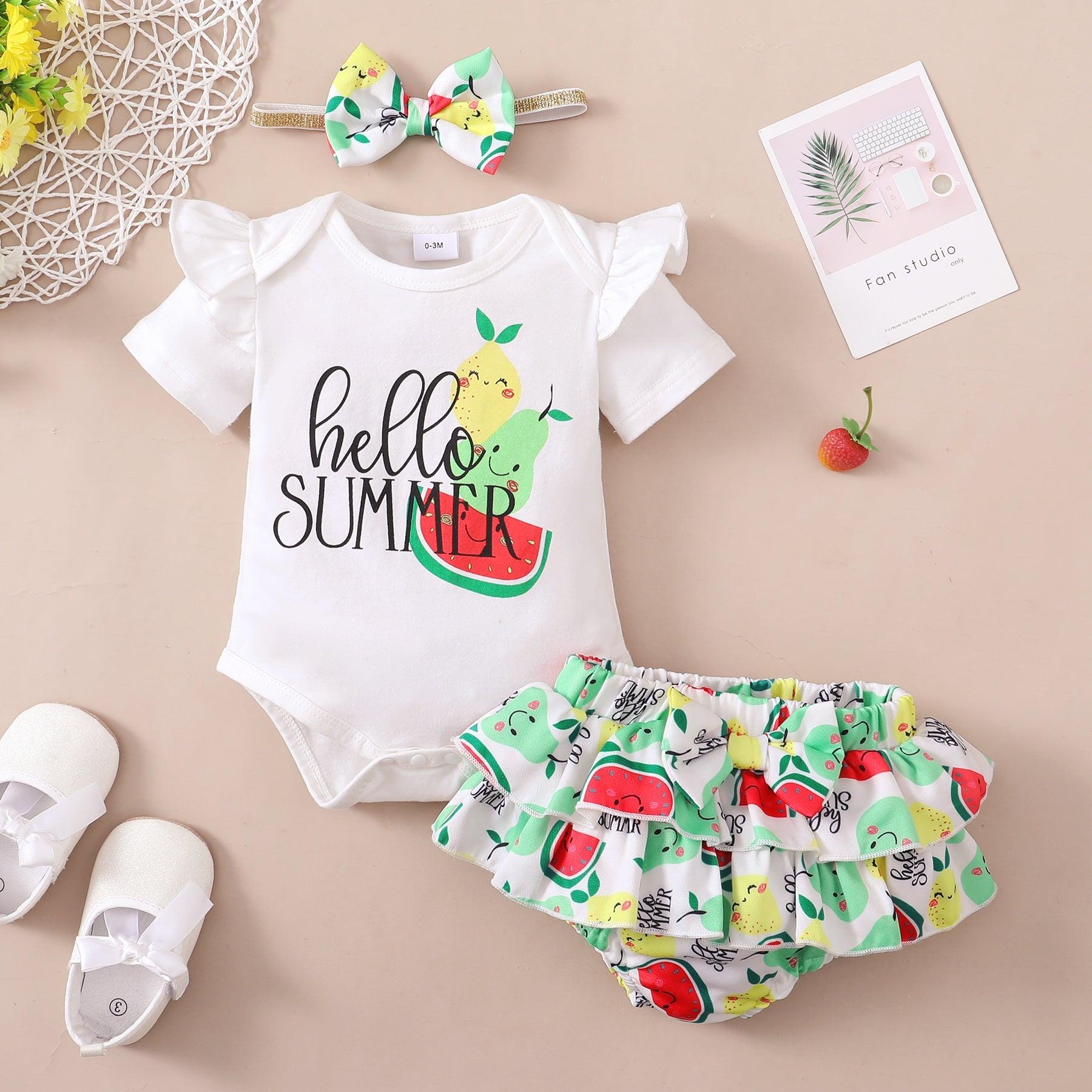 Baby Girl Monogram & Fruit Print Bodysuit And Briefs With Headband Baby Outfit Sets