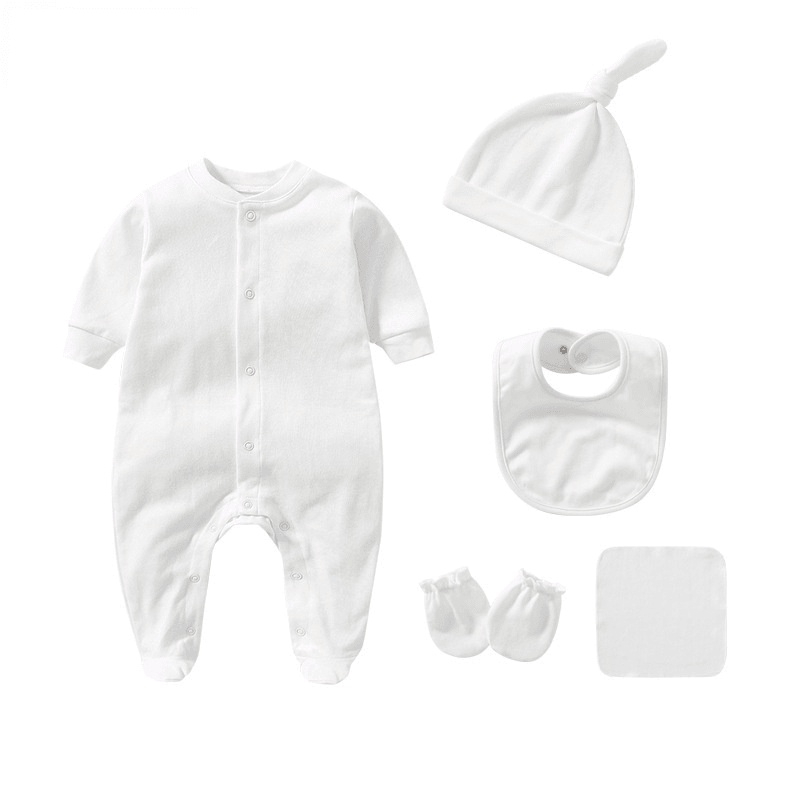 Baby Boys Girls Solid Color Long-sleeved Cotton Jumpsuit Hat Bib Gloves Square Scarf Five Piece Set