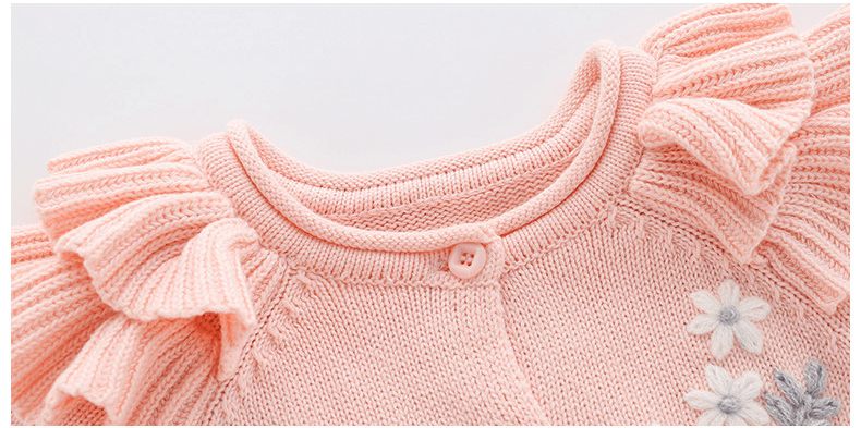 Baby Girls Cute Floral Embroidery Solid Color Long Sleeve Knitted Jumpsuit