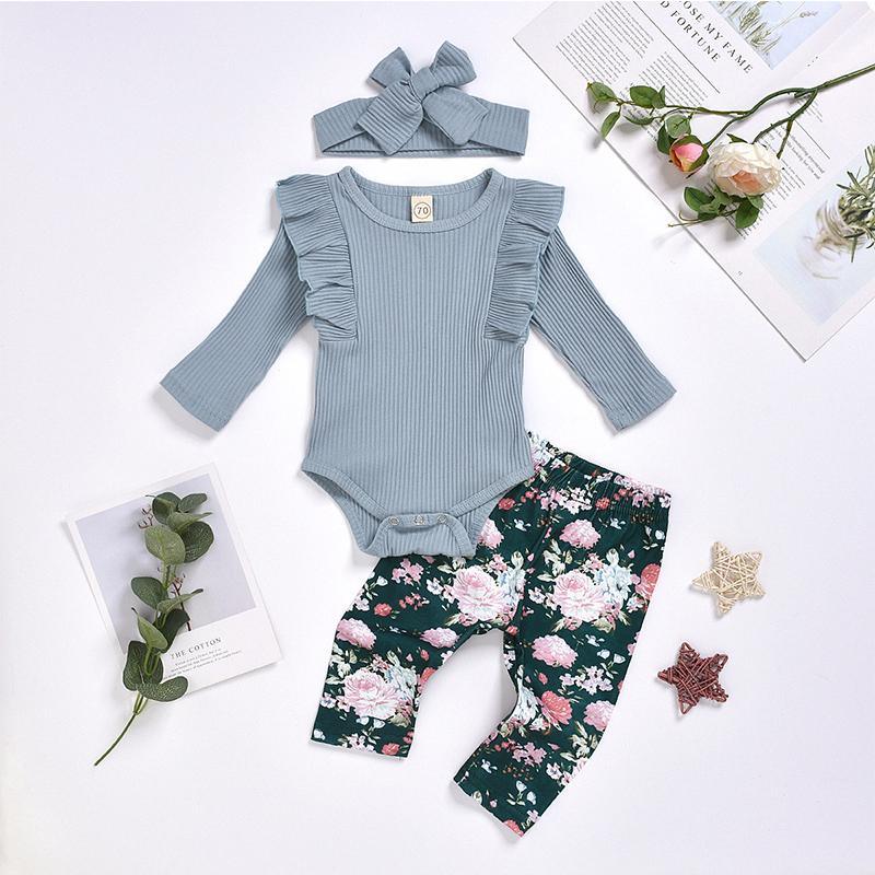 3-piece Solid Ruffle Bodysuit & Floral Printed Pants & Headband for Baby Girl Wholesale children's clothing