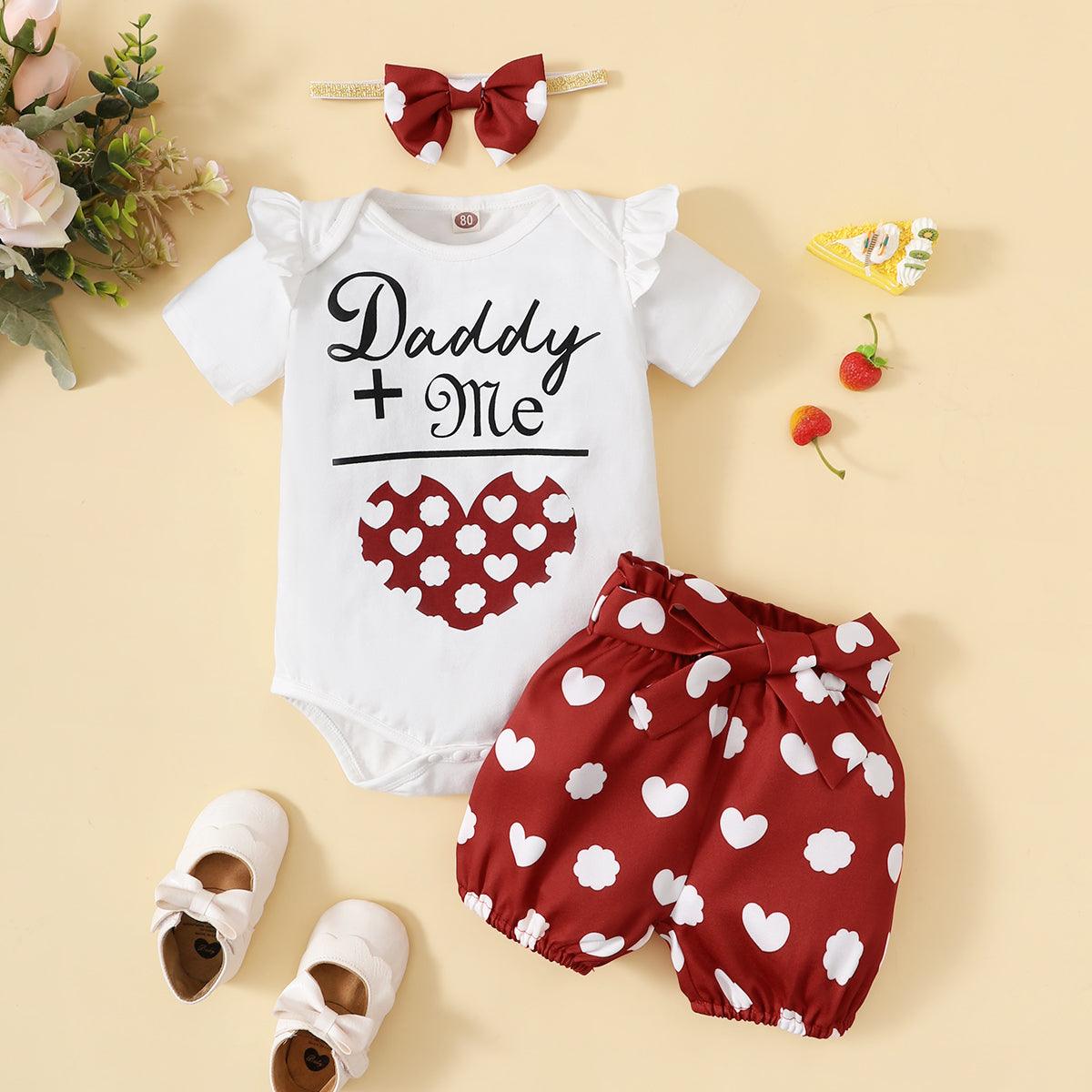 Baby Girl Letter & Heart Bodysuit And Shorts With Headband Baby Outfit Sets