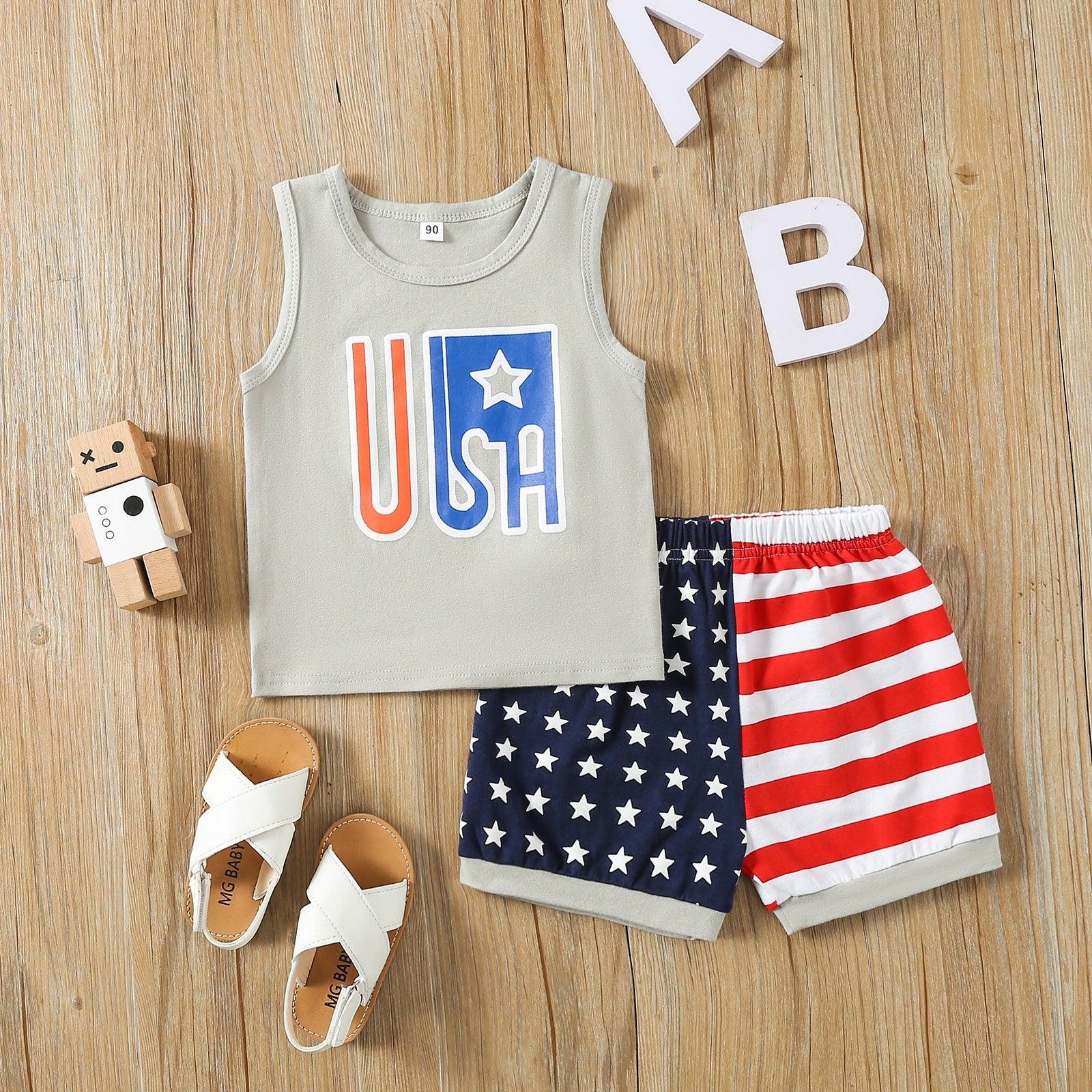 9months-4years Toddler Boy Sets Boys Suit Independence Day Children's Suit American Flag Print Tank Top Shorts Suit