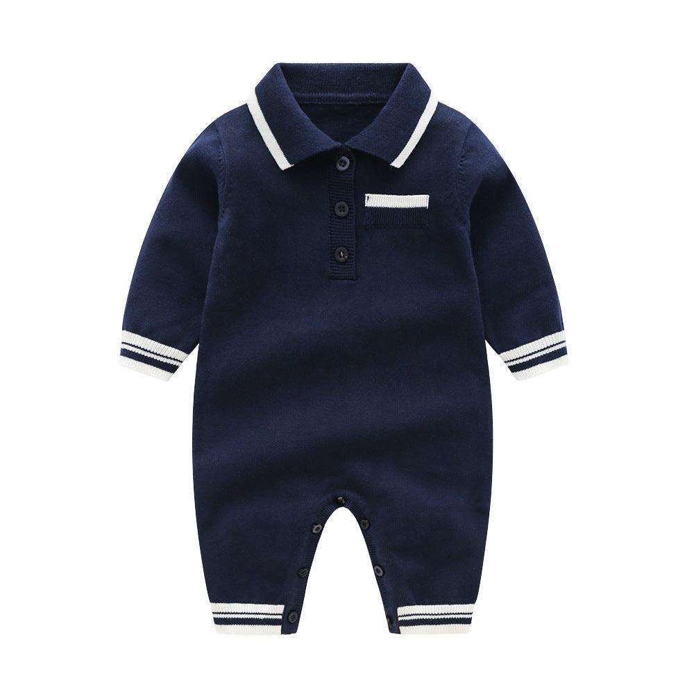 Baby Boys Solid Color Polo Collar Pocket Color Blocking Knitted Long Sleeve Jumpsuit