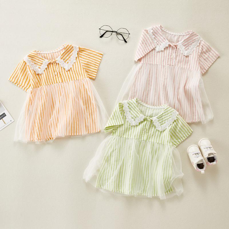 Baby Girl Color Stripes Lace Collar Mesh Hem Dress