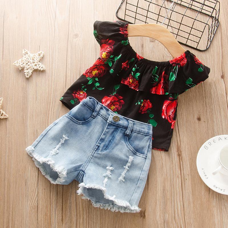 2pcs Fashion Floral  Top and Jeans Wholesale children's clothing