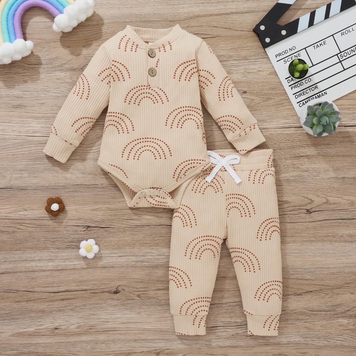 Baby Boy Rainbow Print Ribbed Bodysuit And Pants Two Piece Baby Sets