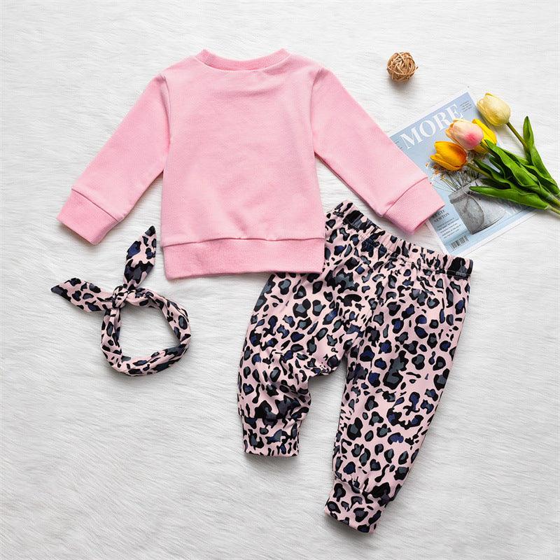 Baby Girl Letter Print Sweatshirt And Leopard Print Pants And Headband Baby Outfit Sets