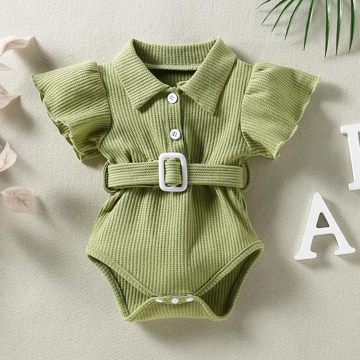 Baby Girl Lapel Collar Flutter Sleeve Jumpsuit With Belt Baby Girl Jumpsuit