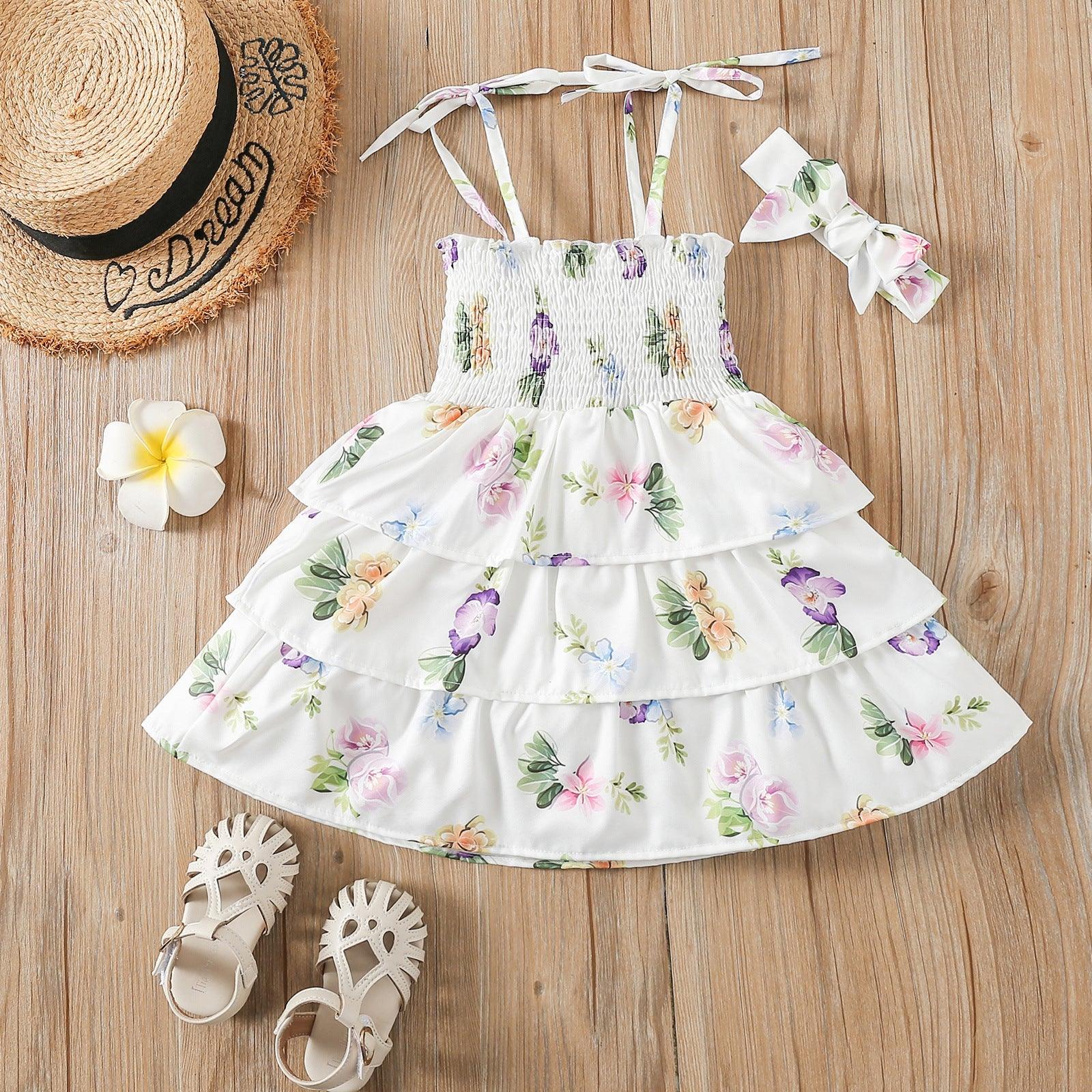 9months-5years Toddler Girl Dresses Children's Clothing Two-Piece Set Girls New Floral Suspender Dress & Headband