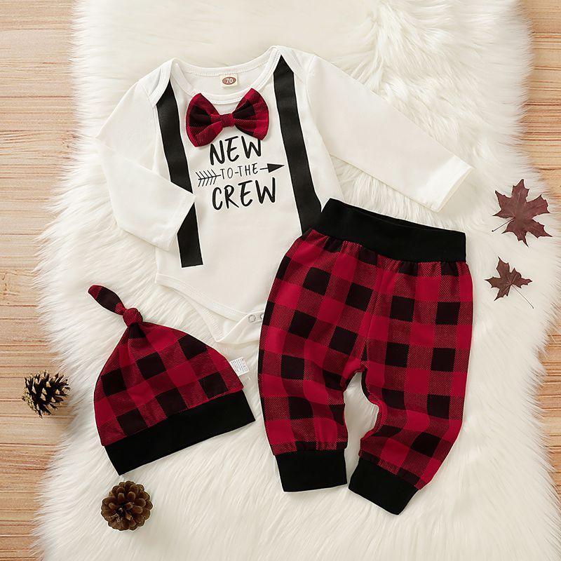 3-piece Cute Letter Bowknot Bodysuit and Plaid Pants Set Wholesale children's clothing