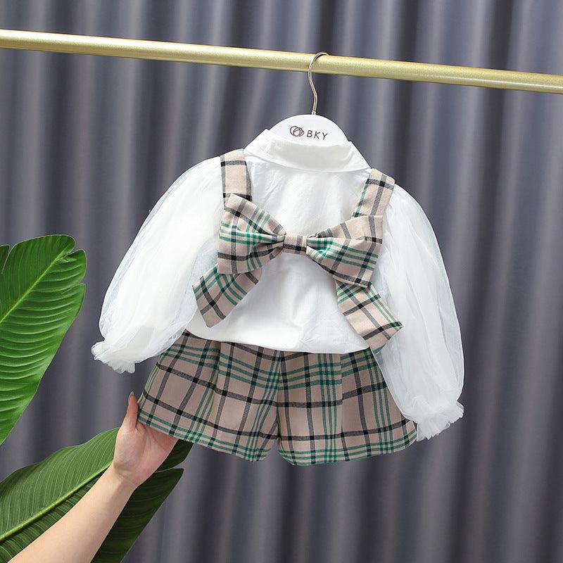 9months-6years Toddler Girl Sets Mesh Sleeve Shirt & Plaid Vest & Shorts Three-Piece Set Children's Trendy Suit Wholesale