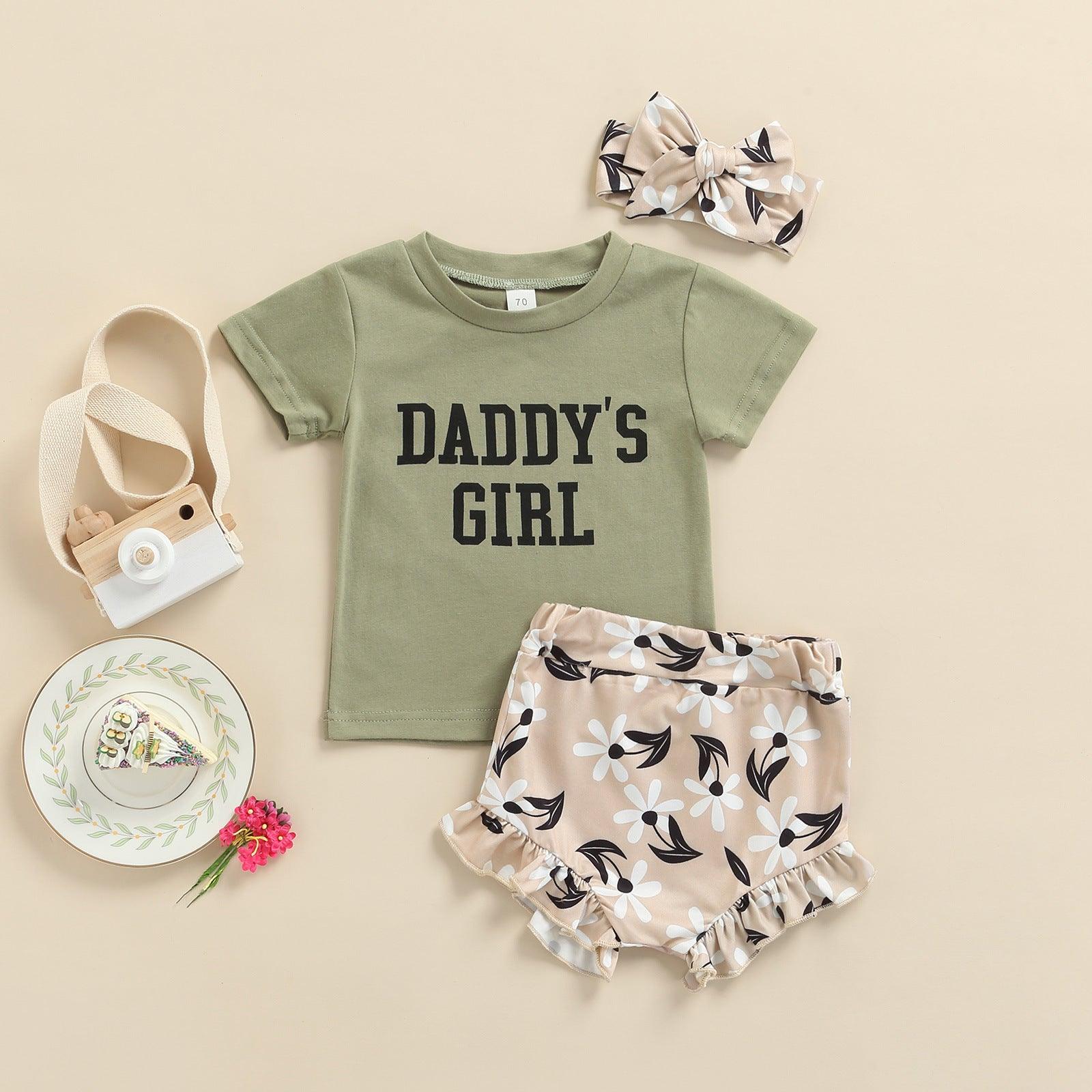 Baby Girl Letter Print T-Shirt And Floral Briefs With Headband Baby Outfit Sets