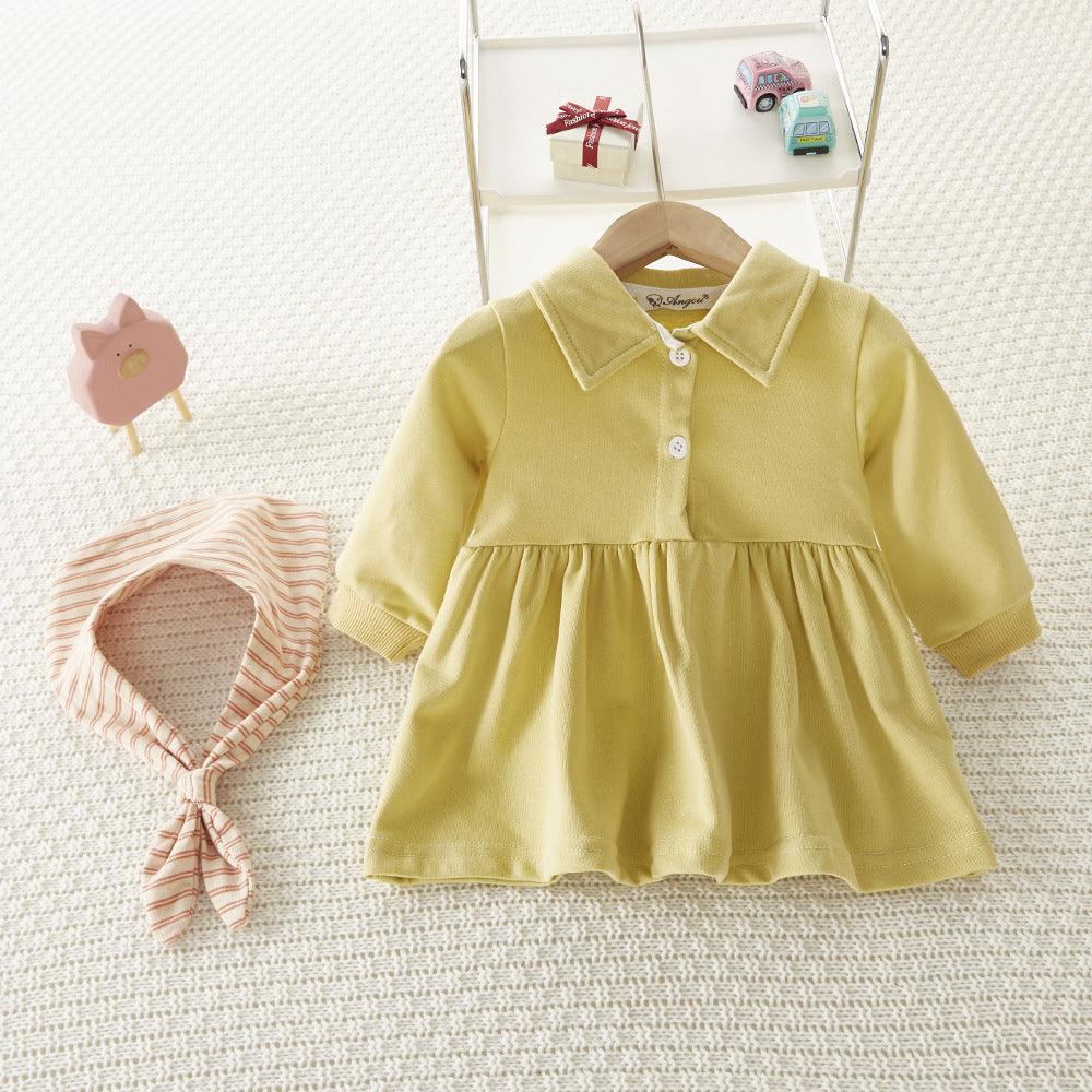 Baby Girl Lapel Collar Long Sleeve Solid Color Dress Baby Girl Dress Wholesale