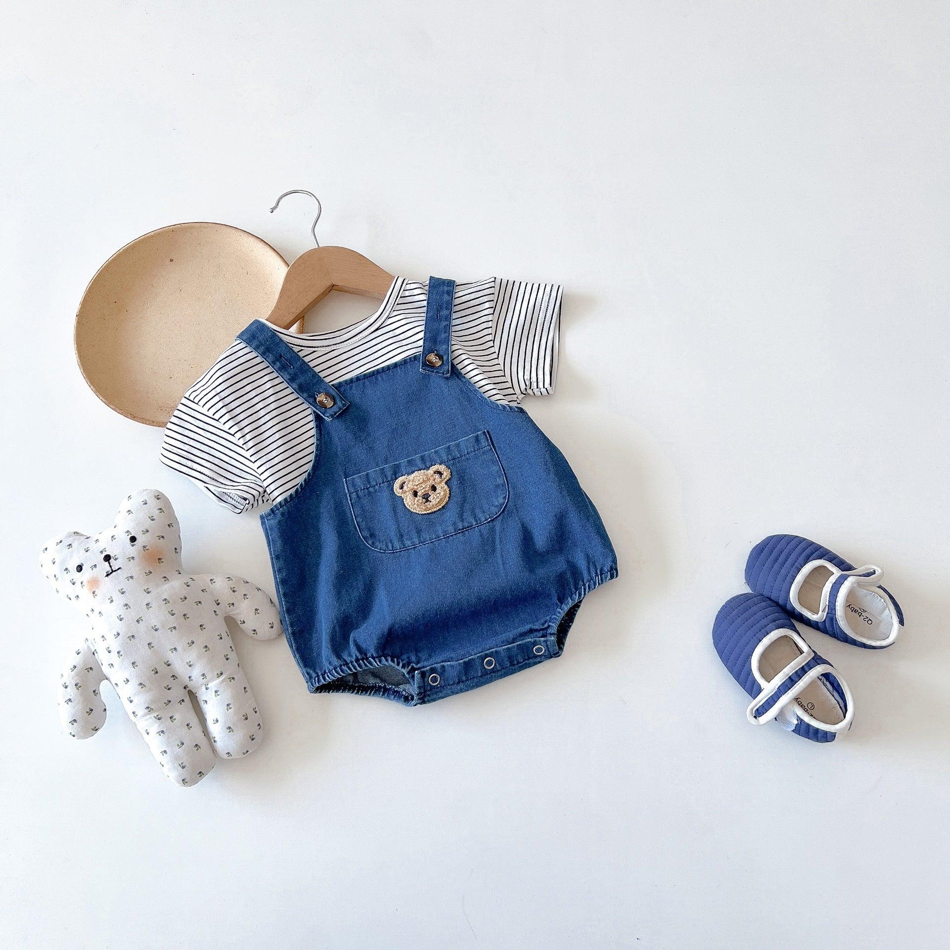 Baby Bear Denim Suspender Bodysuit & Striped Top