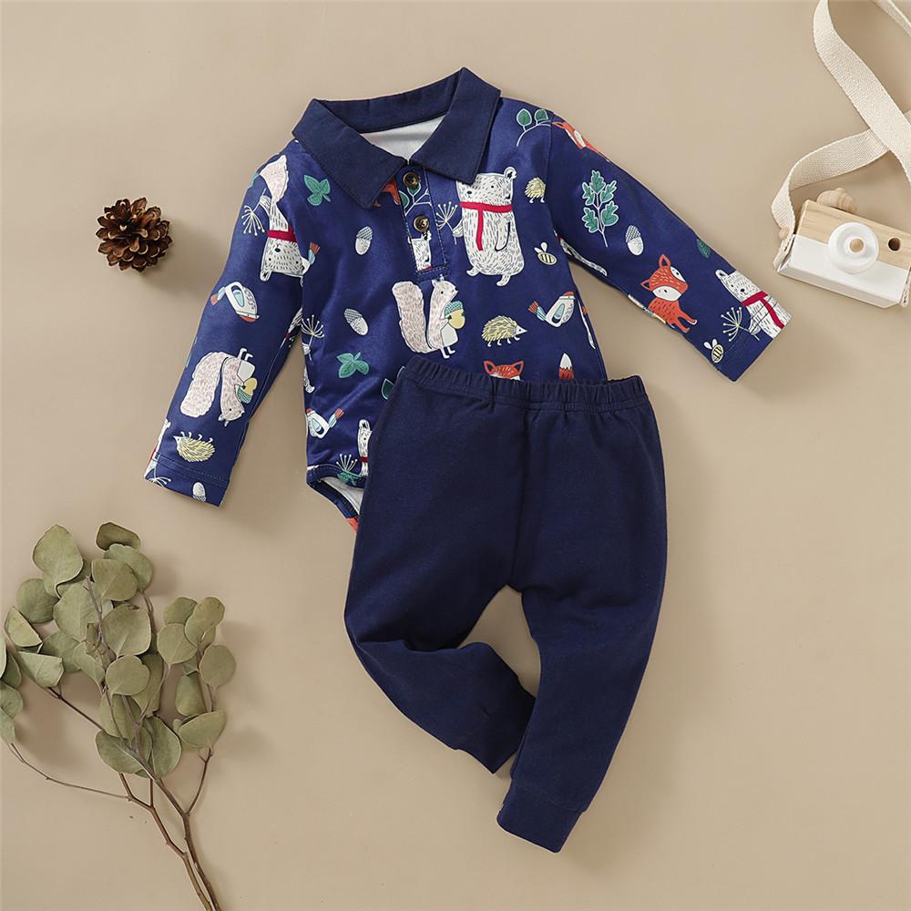 Baby Boys Animal Printed Lapel Long Sleeve Romper & Pants