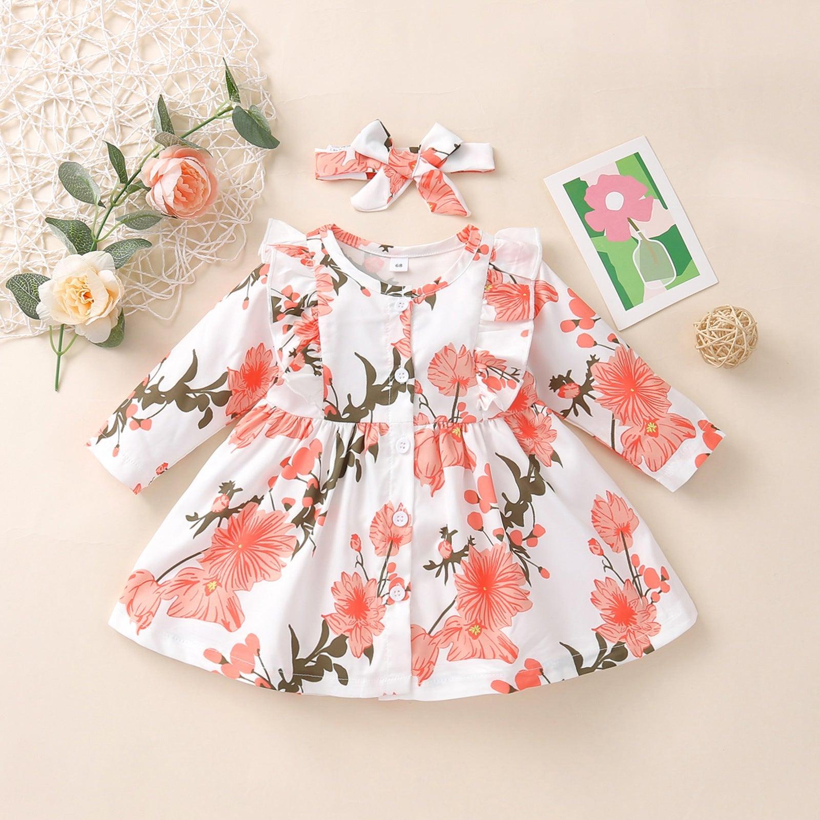 Baby Girl Long-Sleeved Floral Print Dress And Headband Baby Summer Dress Girl