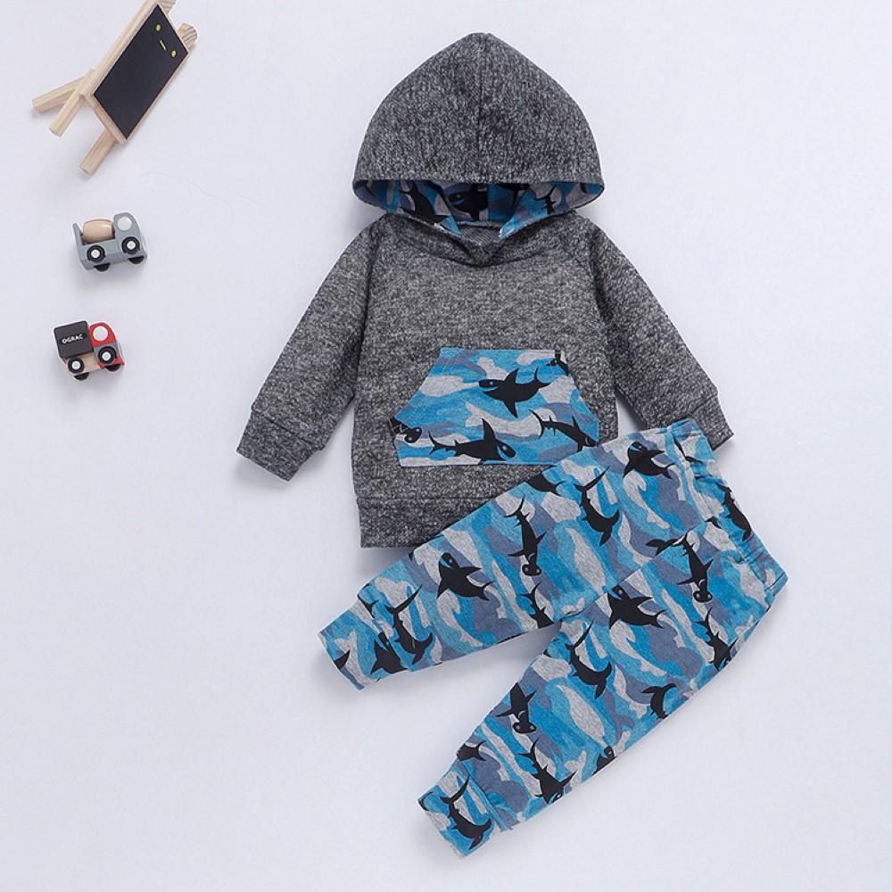 Baby Boys Shark Printed Hooded Top & Pants Kids Fashion Wholesale