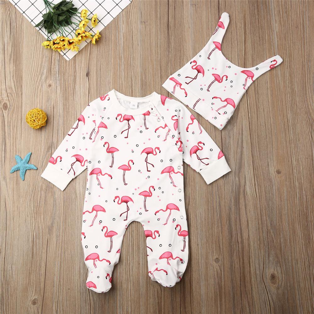 Baby Girl Cute Long Sleeve Printed Flamingo Romper&Hat Baby Clothes Cheap Wholesale