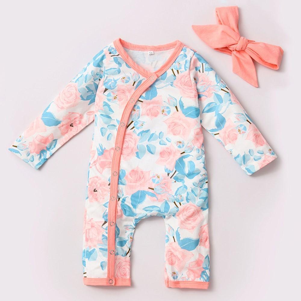 Baby Girls Floral Printed Long Sleeve Romper Headband Wholesale Baby Clothes Usa