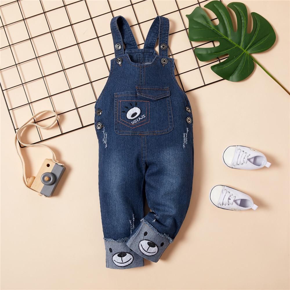 Baby Bear Embroidered Denim Pocket Overalls