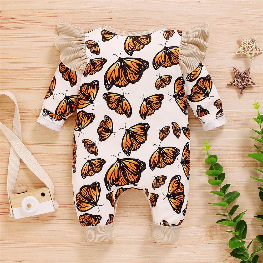 Baby Girls Butterfly Printed Crew Neck Romper Wholesale Baby Cloths