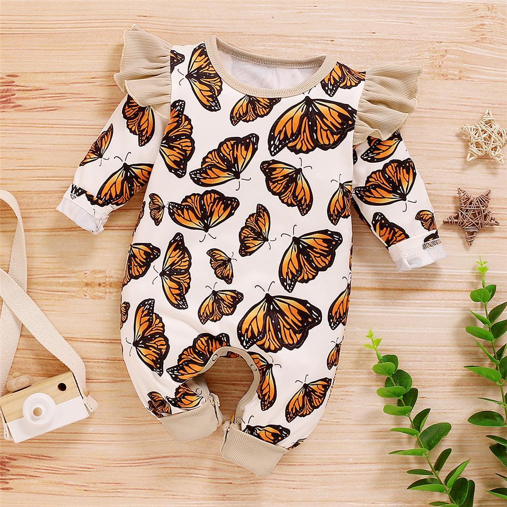 Baby Girls Butterfly Printed Crew Neck Romper Wholesale Baby Cloths